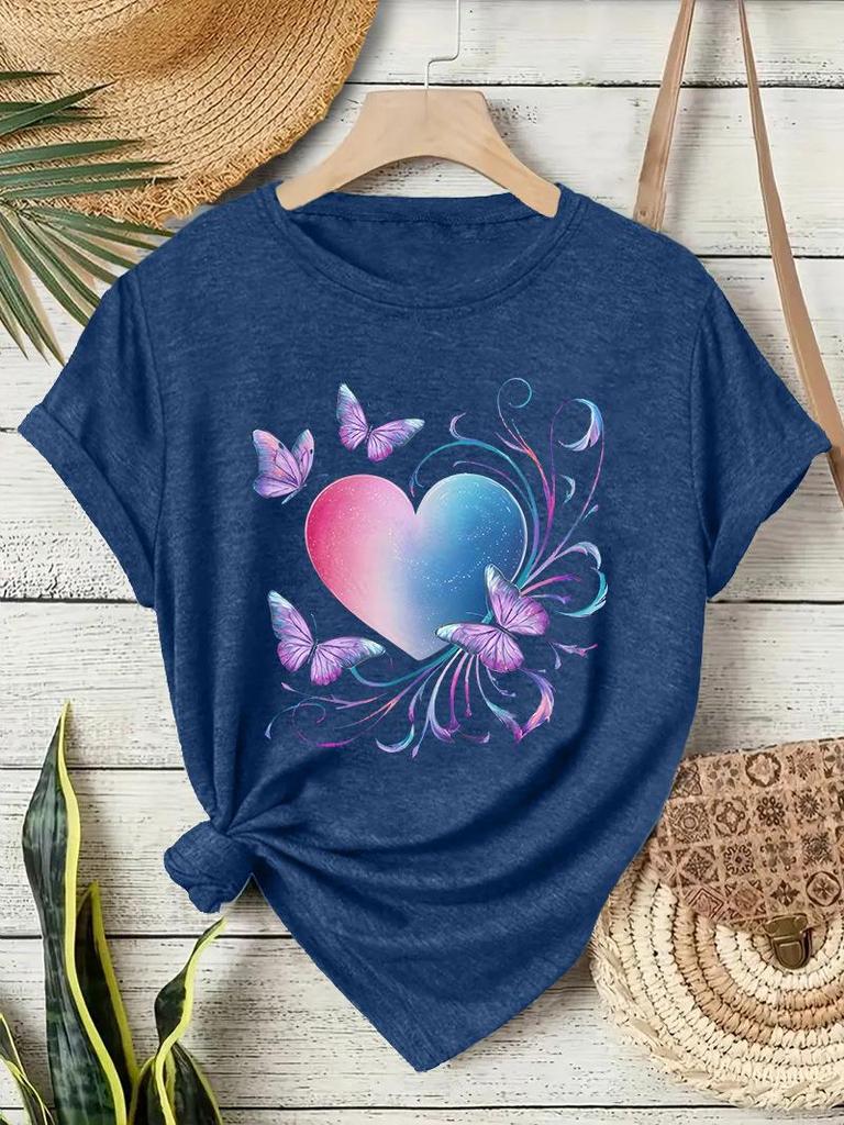Europäisches & Amerikanisches Rundhals-T-Shirt mit Schmetterlings-Herz-Print für Damen - Sommer Lockeres Kurzarm-Oberteil
