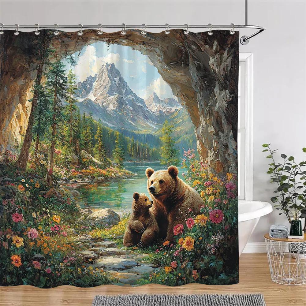 Brown Bear Shower Curtain, Colorful Floral Plants Outdoor Landscape Oil Painting Art Creative Shower Curtain Bathroom Decoration