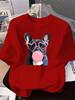 Wearing Pink Heartshaped Glasses And Blowing Pink Bubble Gum Bullfighting Dog Pattern Womens Clothing New Womens Tshirt