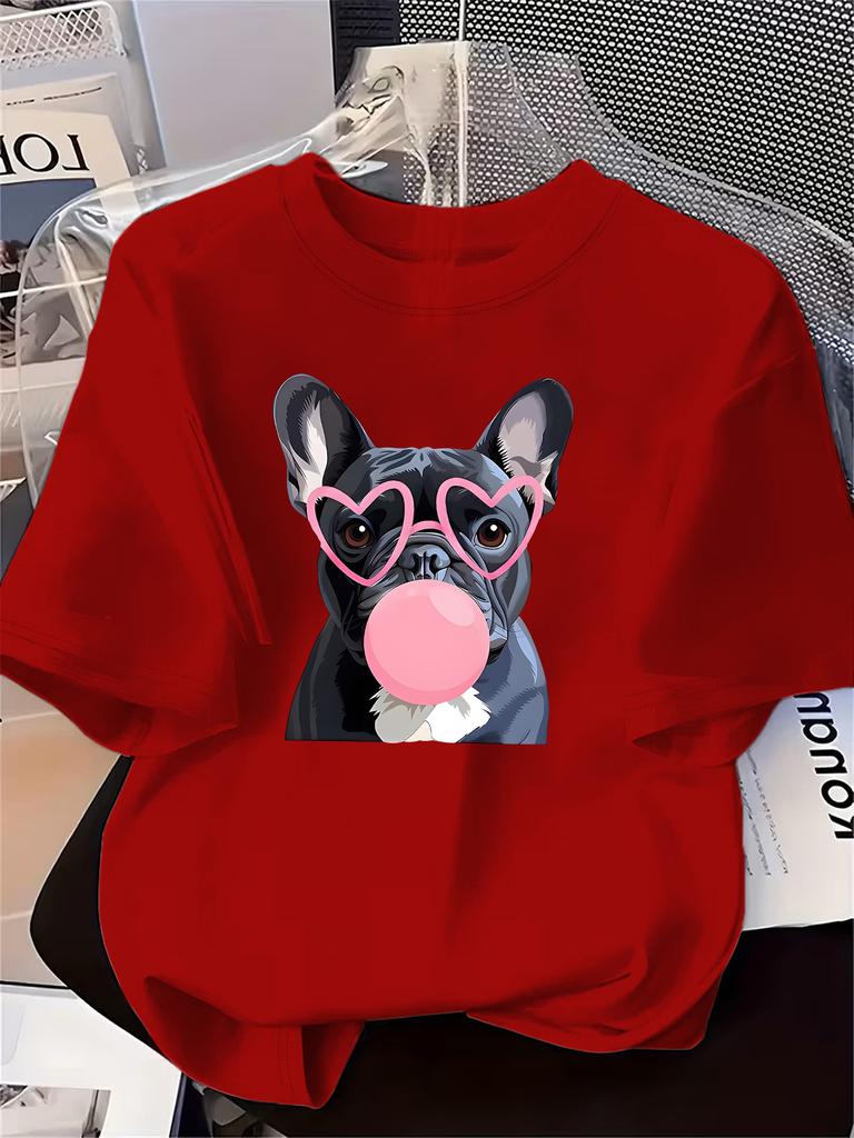 Wearing Pink Heartshaped Glasses And Blowing Pink Bubble Gum Bullfighting Dog Pattern Womens Clothing New Womens Tshirt