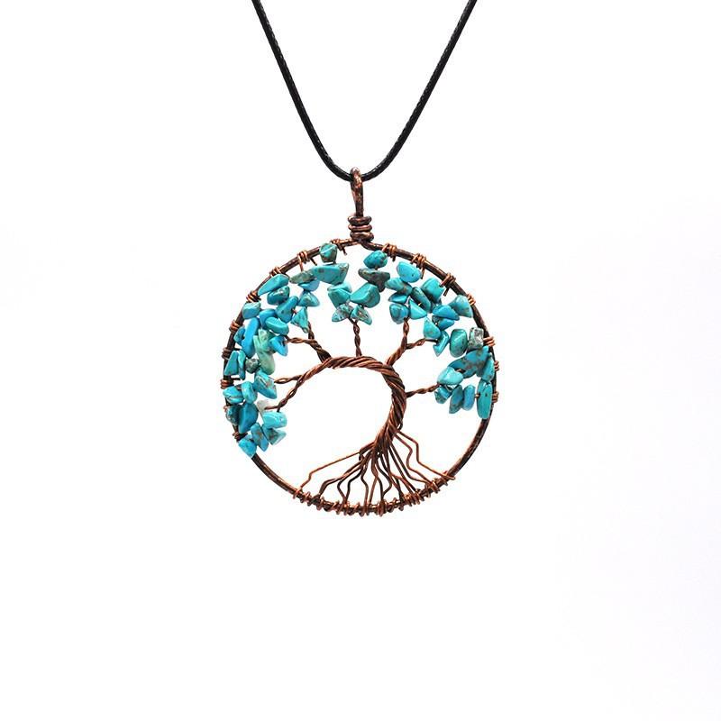 Hand-Wound Natural Stone Crystal Ancient Red Copper Curved Tree Of Life Curved Tree Necklace N01