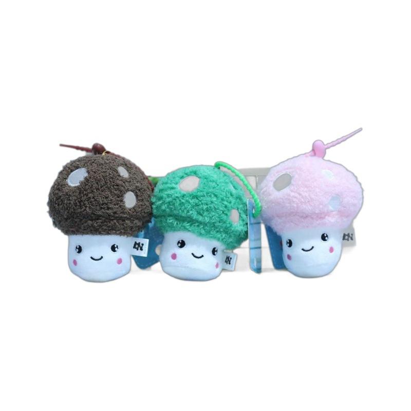 Delightful Miniature Mushroom Plush Toy Keychain In Pink Green And Dark Colors Brown