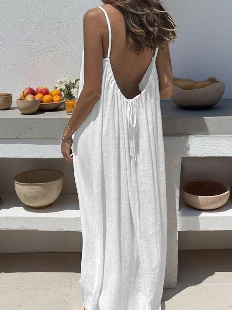 Backless Strappy Long Ice Silk Crinkle Dress - Summer 2026 Solid Color Shirring Beach Vacation Women's Clothing