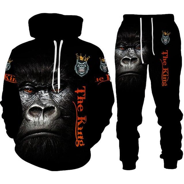 Men Tracksuit 2 Piece Set Autumn and Winter 3d Chimpanzees Printed Hoodies Suit Sport and Casual Male Sweatpants Set Homme