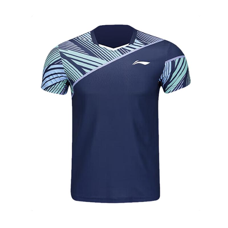 Li Ning Badminton Series Color Block Splicing Rychleschnoucí Prodyšné Ležérní Tričko s Krátkým Rukávem Unisex Top Hluboká Námořnická Modrá AAYU153-3