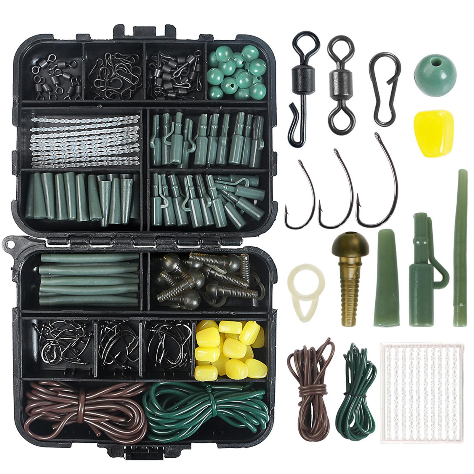 

307 шт. Набор для карповой рыбалки, коробка для снастей, рыболовные аксессуары, вертлюжки, застежки, кукурузные насадки, резиновые противозакручиватели, стопоры для крючков