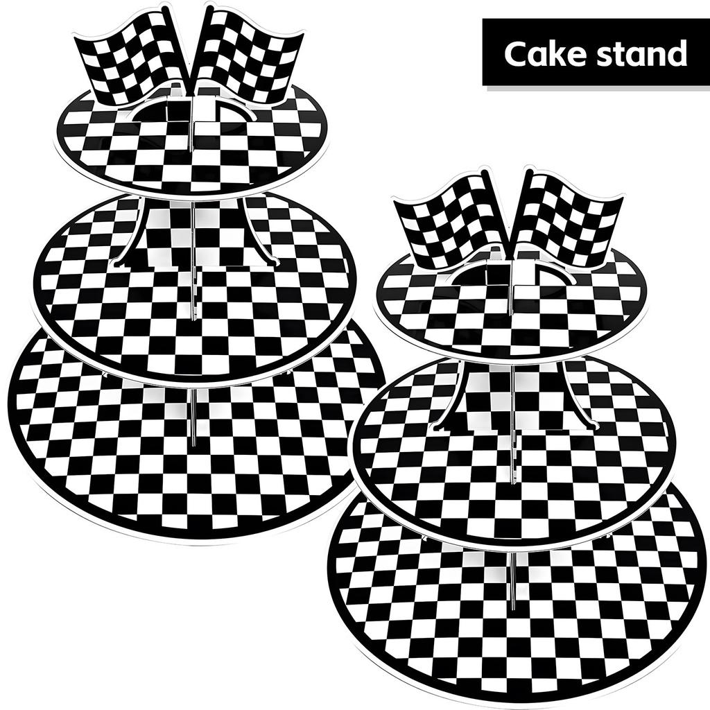 Black And White Plaid Racing Theme Three-Layer Paper Cake Stand Cake Dessert Ornament Table Pie