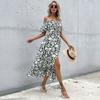 New summer waist slim fit medium and long dress short sleeve printed one-word shoulder dress