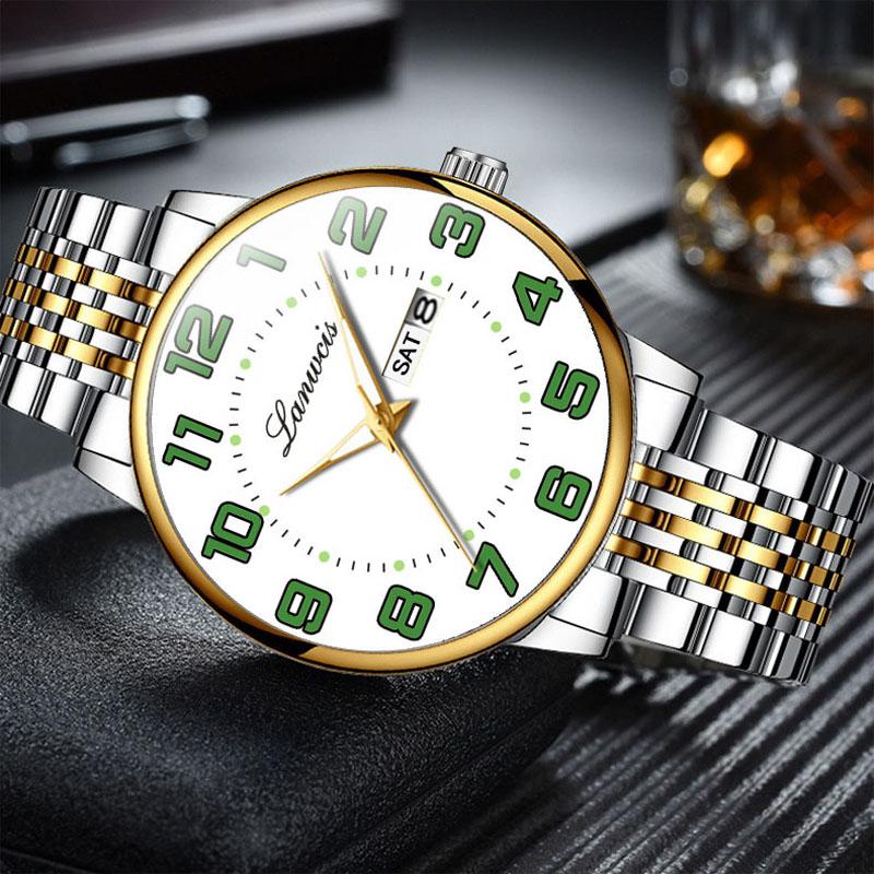 Herren Digitaluhr mit großem Zifferblatt, Seniorenuhren, massives Stahlband, Gold, schwarz, chinesisch-englisch doppelter Kalender, wasserdichte Uhr