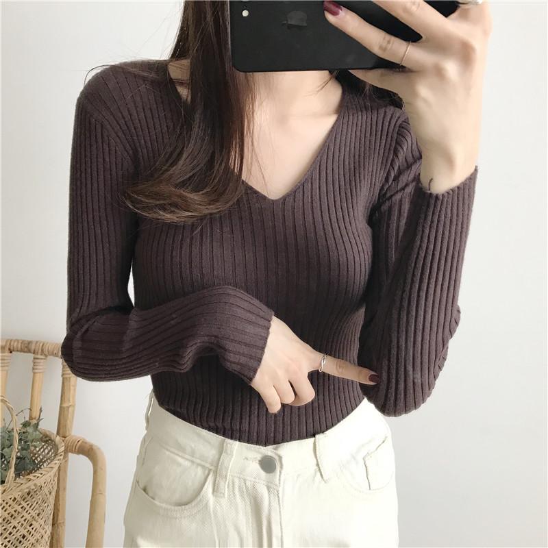 Herbst Neu Langarm V-Ausschnitt Pullover Basis Pullover Damen Winter Slim Fit Casual Strickpullover Damen Mode Kleidung Casual Uni Strickwaren 25285