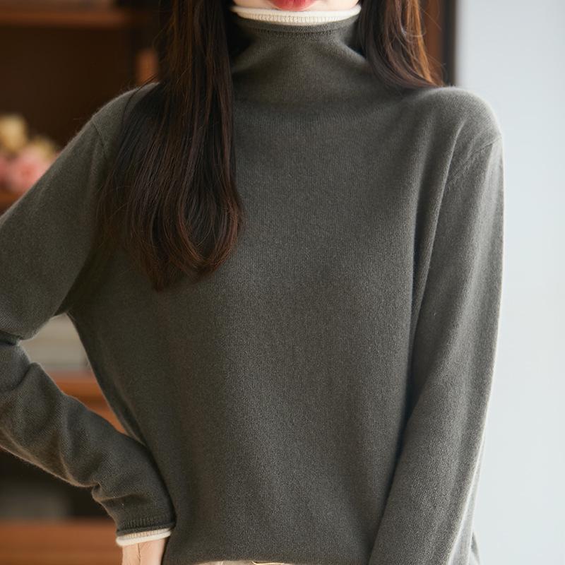 Autumn/Winter Color Block Pure Wool High-Neck Slouchy Knit Sweater for Women
