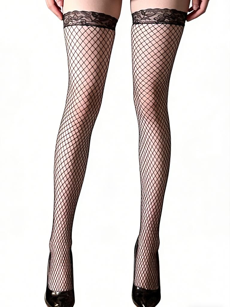 Women'S Retro Lace Top Fishnet Thigh High Socks, Feminine Slimming Hosiery For Casual & Romantic Outfits |  Valentine'S Day