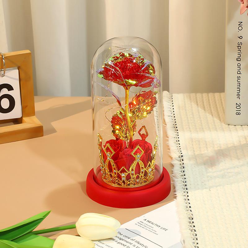 Valentine's Day Ornament Rose Table Creative Gold Foil Crown Night Light Mother's Day Gift Eternal Flower