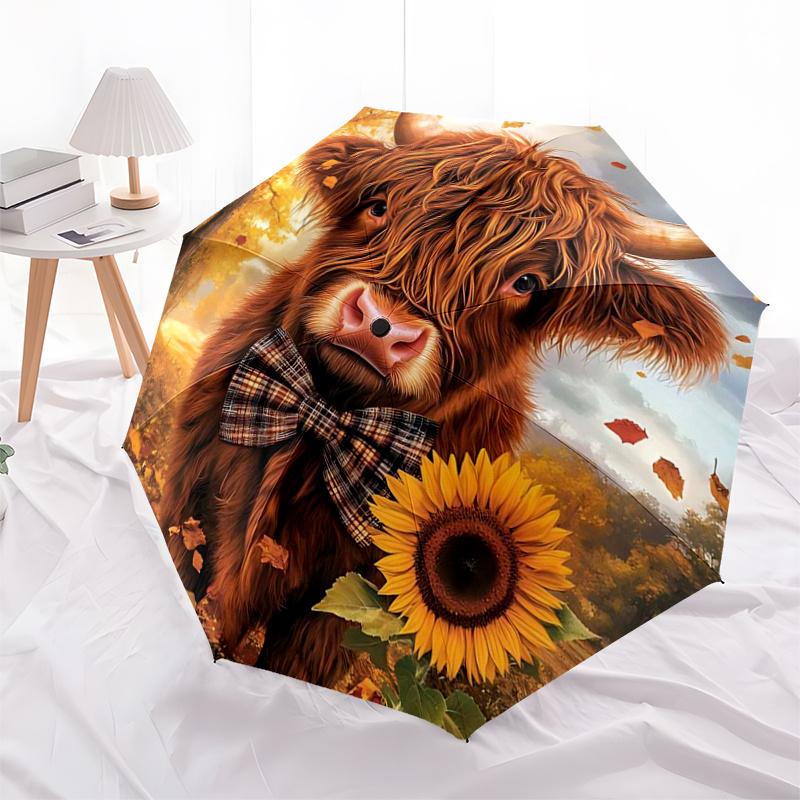 Autumn Bow Tie Highland Cow Sunflower Print Umbrella - Portable Folding Design, Iron Frame, Outdoor Rain Gear, Festival Gift for Fans, Trave