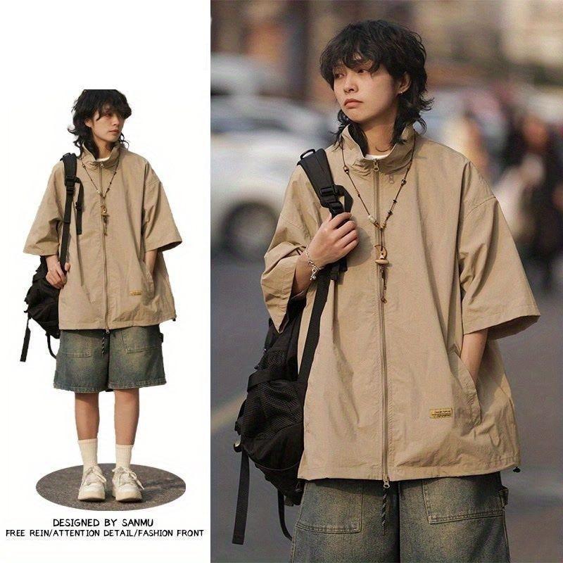 

Mens 2-Piece Set: Short Sleeve Stand Collar Jacket and Denim Shorts L хаки