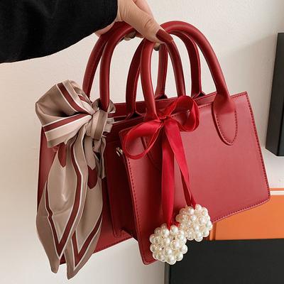 Red Women Wedding Handbag Large Capacity Scarves Decor Pu Leather Female Crossbody Bag High Grade Textured One Shoulder Bag