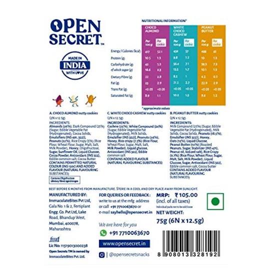 Open Secret Multi Flavor Assorted Story Box with Choco Almond, White Choco Cashew & Peanut Butter Nutty Cookies | 6 Cookies, 75g