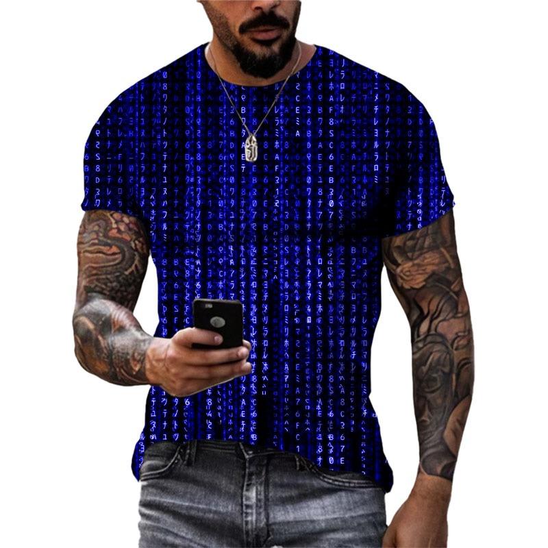 Nuova T-shirt da Uomo Tecnologia Motivo Digitale Street Hip Hop Trend Top Girocollo Personalità Moda Casual Manica Corta Abbigliamento