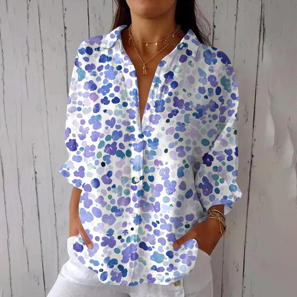 Women's Fashion Seven Sleeve Casual Lapel Back Tie Shirt Printed T-Shirt Top