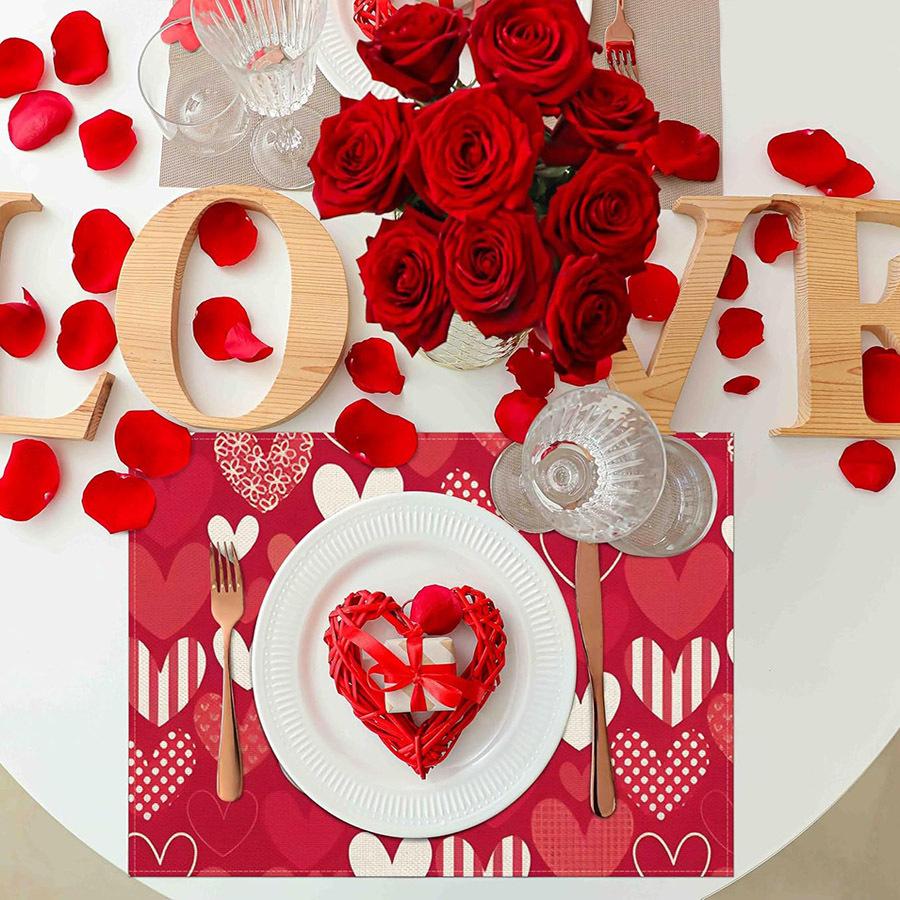 4pcs Buffalo Plaid Red Heart Placemats - Red & Checkered Suitable for Handwashable Table Mats for Wedding, Anniversary, Valentine' Day