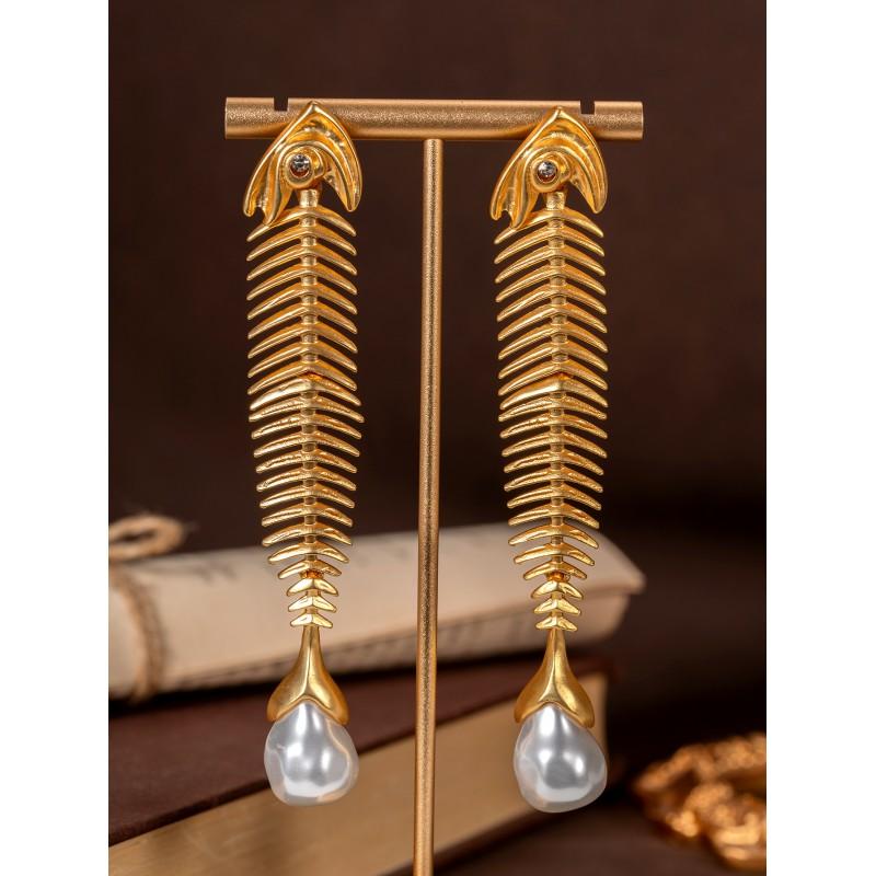 Vintage Gold Fishbone Pearl Earrings Fashion Personalized