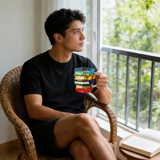 Hand-Painted Book Mug Glass Retro Art Glass Cup 350ml Elegant Desktop Glassware Unique Gift for Book Lovers Readers