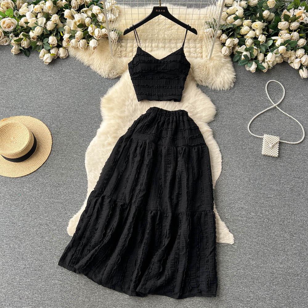 Korean Style Sweet Lace Skirt Two Piece Set Women Summer V-neck Tank Top A-line Long Skirts Beach Outfits