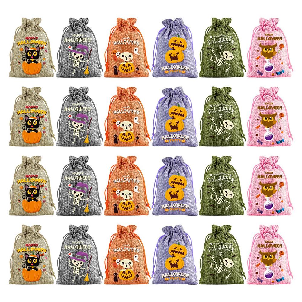 Halloween Bags 24pcs Burlap Treat Pouches For Candies Happy Halloween Bag Sack Reusable Halloween Goodies Bags With Drawstring