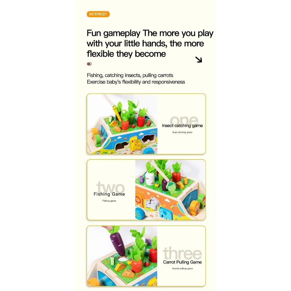 Children's Wooden Multi Functional Animal Shape Matching Toy Puzzle Pulling Carrot Game Baby Fishing Cart Building Blocks