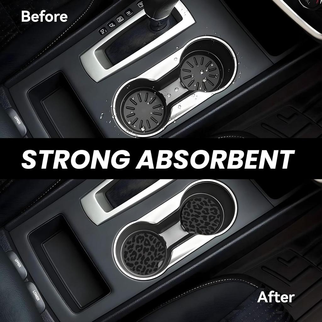 Car Steering Wheel Cover With 2 Pcs Ceramic Absorbent Cupholder Coasters, Black Leopard Cheetah Print Car Accessories Decorations For Women, Fit 15