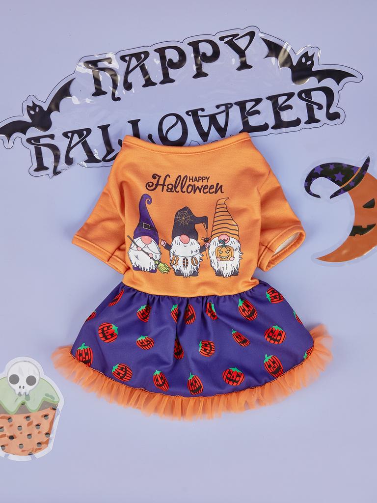 Halloween Pet Dress with Gnome Print, Pumpkin Patterns & Tulle Skirt, Orange and Purple Options for Small Dogs Halloween Parties