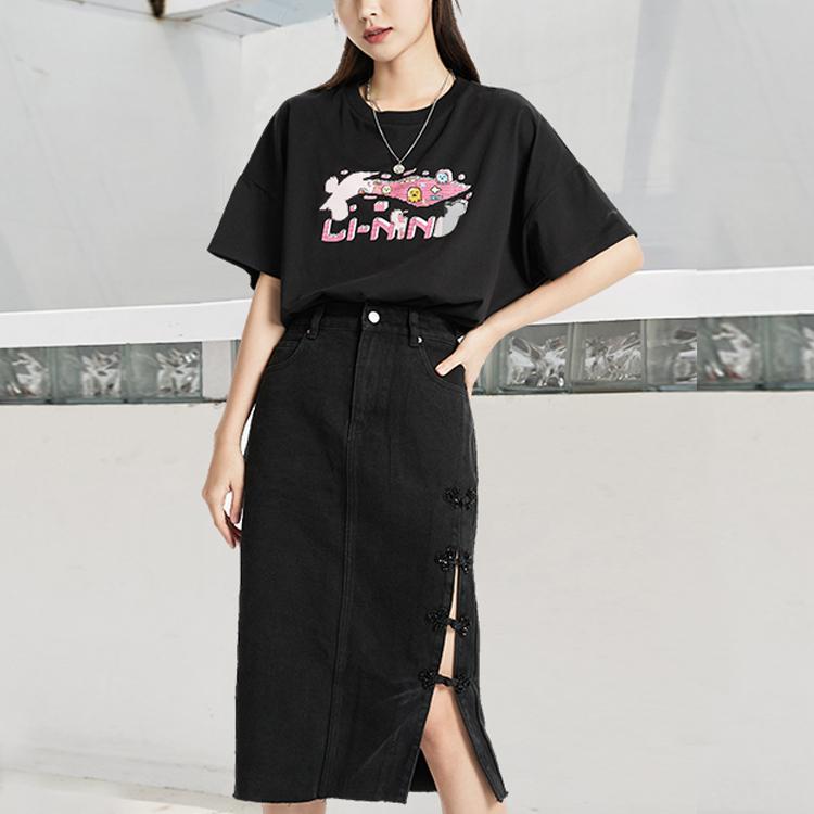 Li-Ning Graffiti Cartoon Print Loose Sports Short Sleeve T-Shirt Women Tops Black AHSR832-6