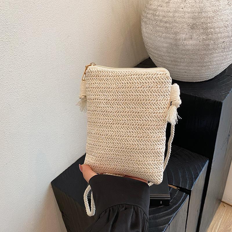 Straw Bag Women's 2025 New Solid Color Simple Shoulder Messenger Bag Travel Mobile Phone Bag Wallet Beach Women's Bag