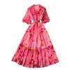 Lightly Mature Elegant Dress Women's French Fancy Bows Shoelace Puff Sleeves Waist Trimming Ruffles Printed Dress