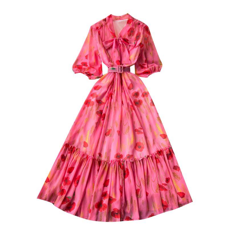 Lightly Mature Elegant Dress Women's French Fancy Bows Shoelace Puff Sleeves Waist Trimming Ruffles Printed Dress