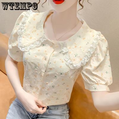 Floral Bubble Kurzarm-Sommer-Damenoberteile mit Design Niche Sweet Doll Collar Kurzarmhemden