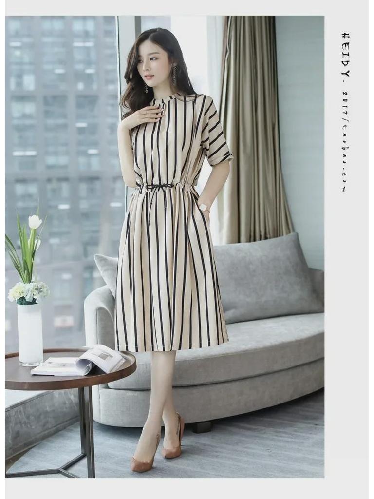 2021 Μεγάλα Μεγέθη Κορεατικό Ριγέ Μίντι Φόρεμα για Γυναίκες - Μόδα Άνοιξη/Καλοκαίρι