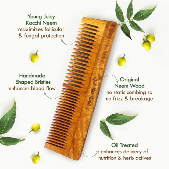 Nat Habit Dual Tooth Wooden Kacchi Neem Comb & Henna Paste Soaked In BlackTea and Herbs For Hair Growth (Combo Pack of 3)