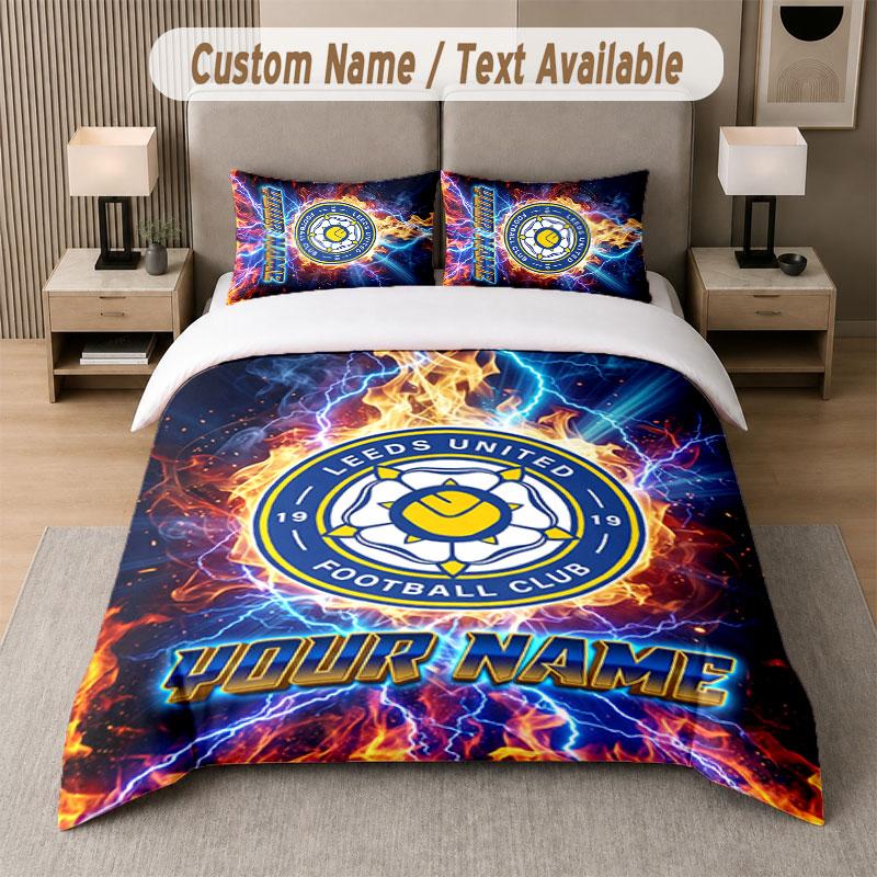 Custom Bedding Set Leeds United Pattern, Print Name Text 1 Duvet Cover Plus 2 Pillowcases Home Textile