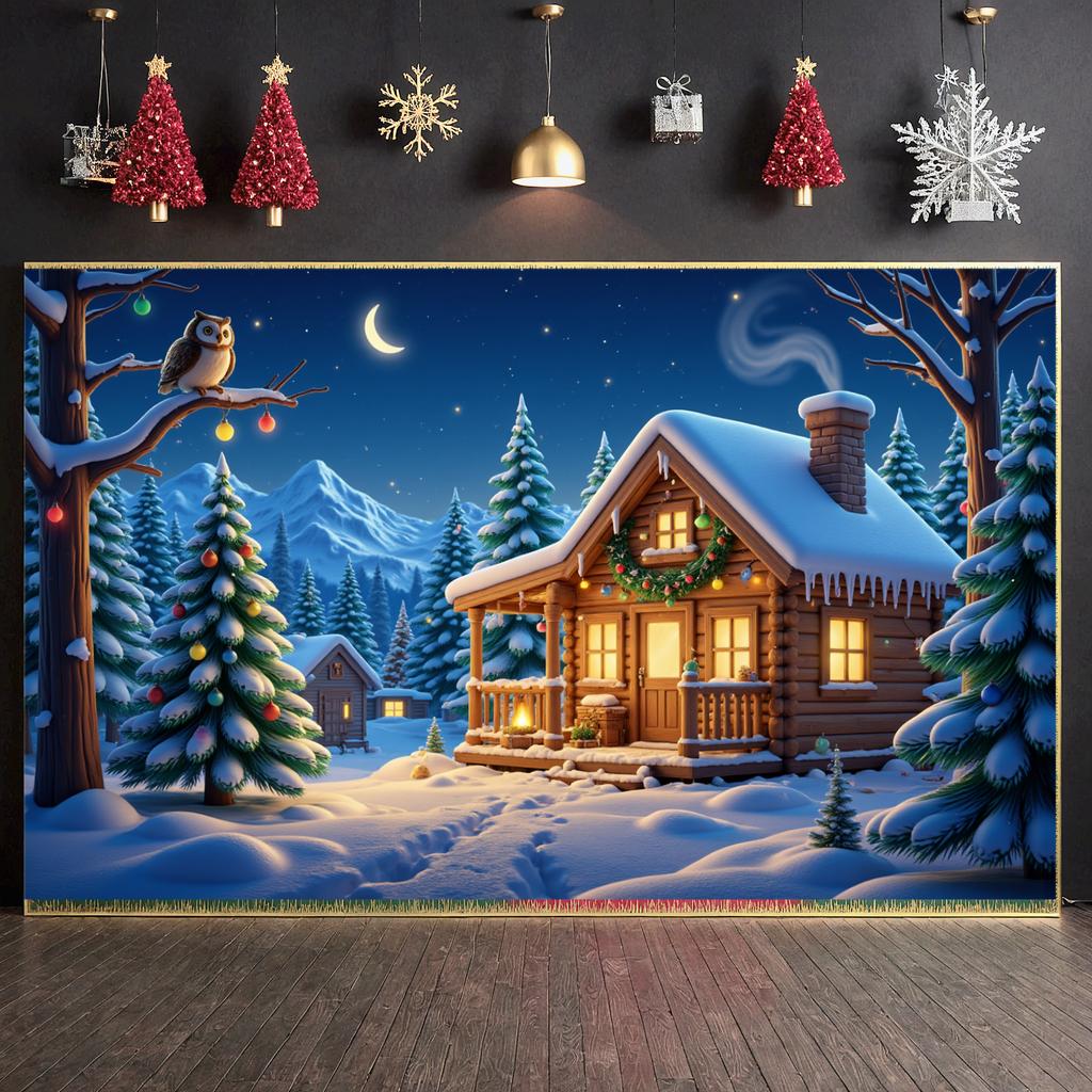 Christmas Banner Colorful Lights Xmas Banner Night Backdrop Wooden Cabin Holiday Background For New Year Decor Christmas Indoor