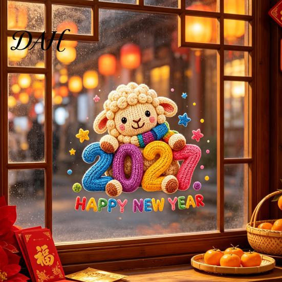 Seasonal Glass Surface Ornaments Chinese New Year Window Stickers, 2027 Goat Static Clings, Reusable Clings Crochet Knit Lamb Decor for Home Shop Easy