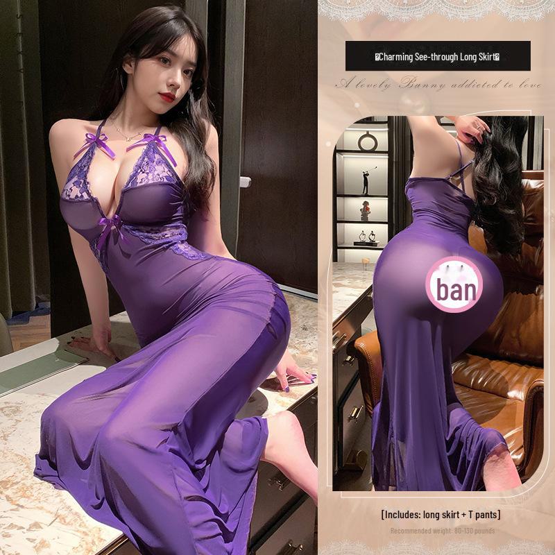 Enchanting Purple Lace Mesh See-Through Long Skirt Lingerie - Sexy Nightdress with Tempting Cleavage Design