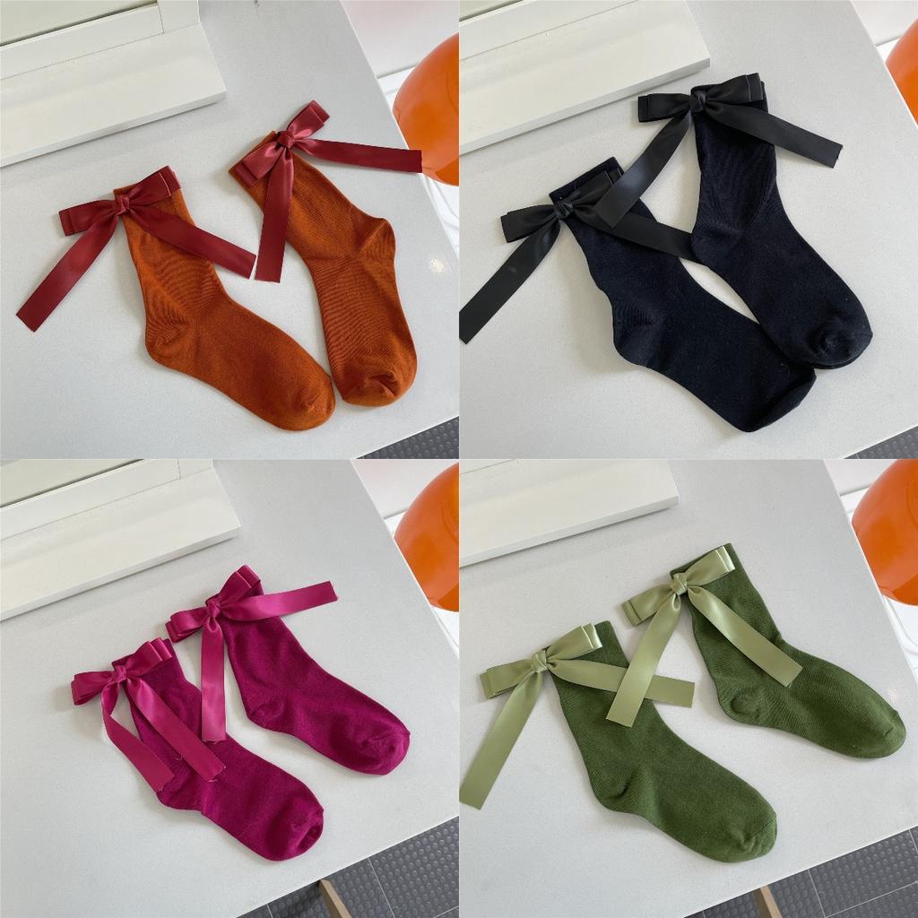Harajuku Sweet Bowknot Kawaii Socks Women Spring Summer Y2k JK Lolita Cute Solid Socks Japanese Style Women Girls Middle Tube Preppy Socks