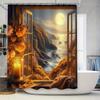 Window View with Moonlit Ocean Shower Curtain Warm Autumn Decor for Bathroom Orange Floral Lighting