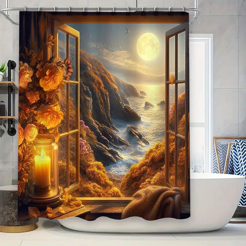 Window View with Moonlit Ocean Shower Curtain Warm Autumn Decor for Bathroom Orange Floral Lighting