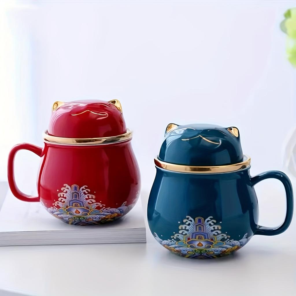 Set, Chinese Fortune Cat Tea Mug with Travel Bag, Ceramic Tea Cup with Infuser and Lid, Portable Drinkware