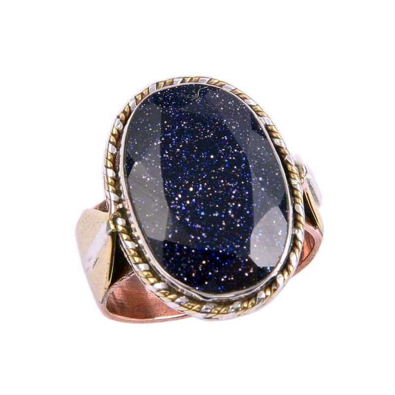 Natural Blue Sunstone Gemstone Two Tone 925 Sterling Silver Ring Size 6.5 E8C99