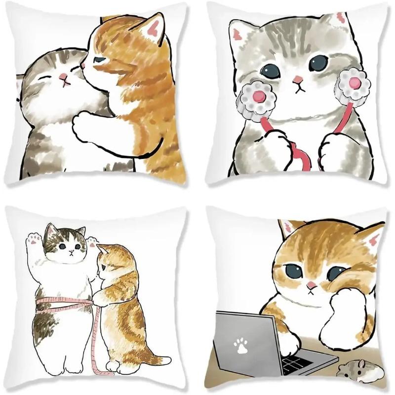 Cute Cat Theme Throw Pillowcase Animal Kitten Pillowcase Soft Short Plush Sofa Decorative Pillowcase with Hidden Zipper