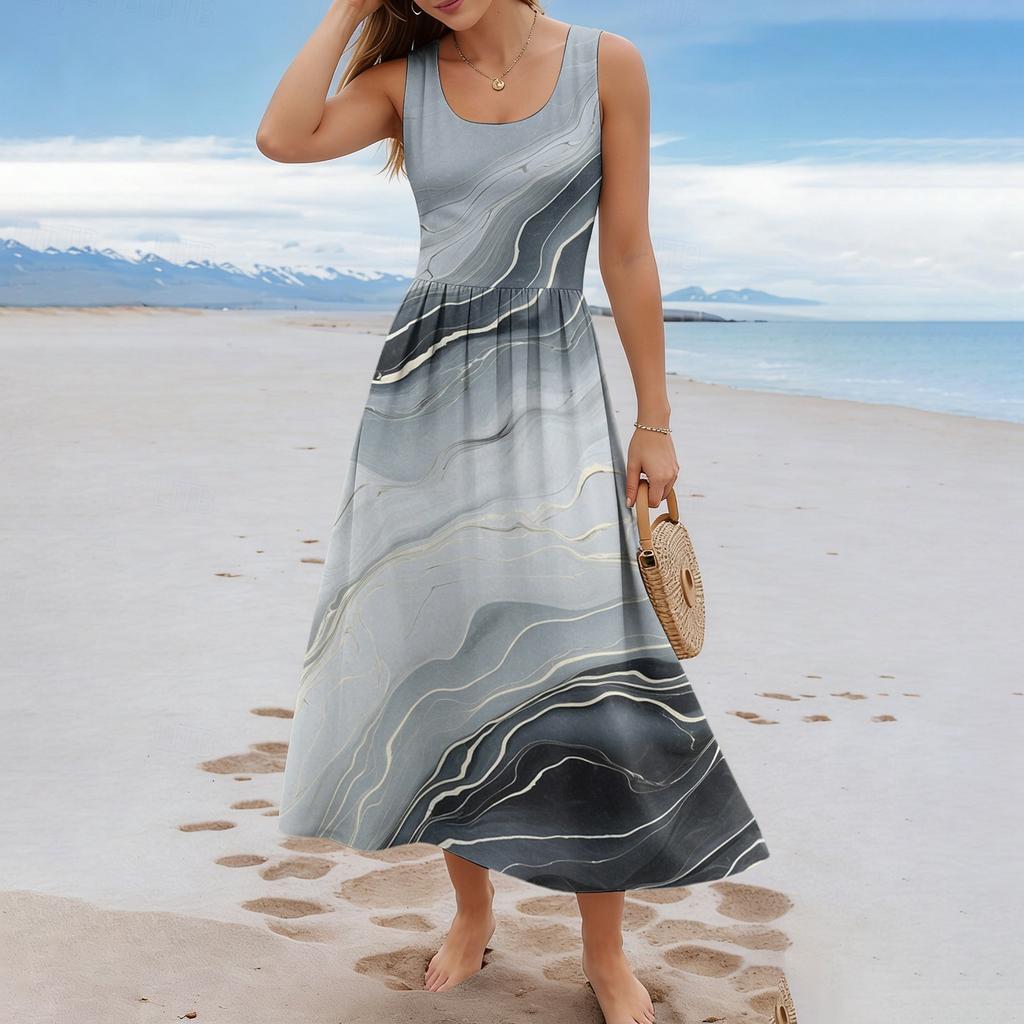 Sommerkleider für Damen UK Ärmellos Rundhalsausschnitt Geometrischer Druck Lässig A-Linie Damen Sommerkleider UK Midi-Kleid Damen Sommerkleider UK