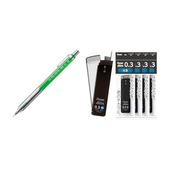 Механический карандаш Pentel PG-METAL350, 0,3 мм, зеленый, упаковка 10 шт. с запасными стержнями Pentel Ain 0,3 мм HB, упаковка 5 шт.